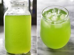 two pictures side by side, one with green liquid and the other has ice in it