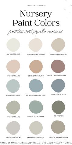 the color chart for nursery paint colors, including neutrals and whitest grays