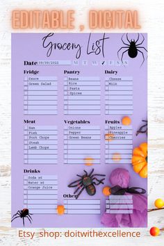 a printable halloween grocery list with pumpkins and spider