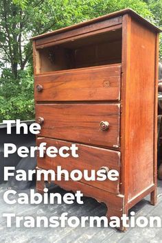 an old wooden dresser with the words the perfect farmhouse cabinet transformed into a storage unit