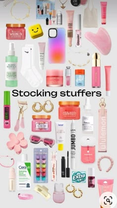 an image of various items that are grouped in the shape of a heart with text reading stocking stuffers