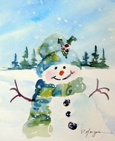 a painting of a snowman with trees in the background