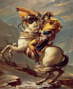 a painting of a man riding on the back of a white horse with a rainbow in the background