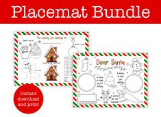 two christmas themed printables with the words, placemat and santa's house