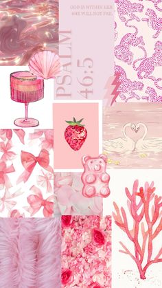 a collage of pink and white images