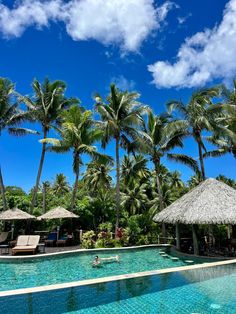 an outdoor swimming pool surrounded by palm trees