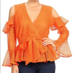 Orange Crochet Cold Shoulder Belted Peplum Top, V-Neckline, Open Sleeves, Bell Sleeves Mesh Sweaters, Blouse Sewing Patterns, Ladies Tops Patterns, Crochet Belt, Orange Crochet, Sheer Long Sleeve Top, Mesh Sweater, Open Sleeves, Crochet Ladies Tops