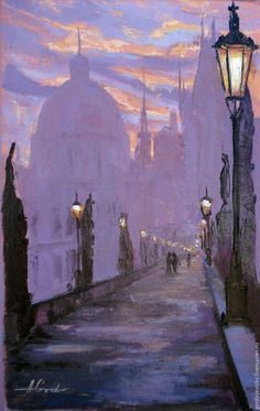 a painting of people walking down a street at dusk with the sun going down in the distance