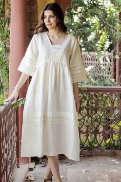 Cotton-Linen Blend A-Line Dress with Lace Detailing - Picnic Lace | NOVICA Linen Dresses Elegant, Dress Elegant Classy, Dress Picnic, Lace Frocks, Shoes Guide, Linen Wedding Dress, Classy Coat, Casual Frocks, Lace Diy