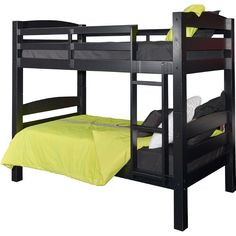 the bunk bed is black and has yellow sheets on it's bottom layer,