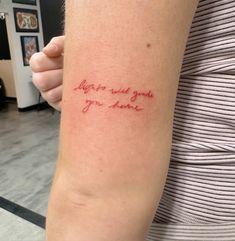 Red Ink Tattoos Words, Tattoo Aesthetic Hand, Red Wording Tattoo, Lights Will Guide You Home, In Another Lifetime Tattoo, Red Tattoo Writing, Red Ink Writing Tattoo, Red Ink Arm Tattoos, Red Font Tattoo