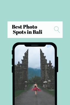 a woman in a red dress walking down a road with the words best photo spots in bali