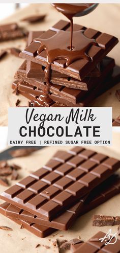 vegan milk chocolate bars stacked on top of each other and being drizzled with chocolate