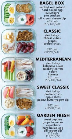 a menu with different types of food in plastic containers on top of eachother