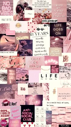 a collage of pink and black images with words on them, including hearts, arrows,