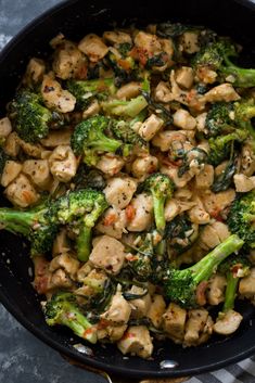 chicken and broccoli stir fry in a skillet