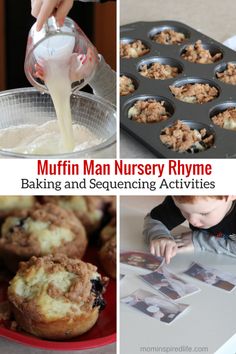 several pictures of muffins, baking and sequenceing activities for kids to make