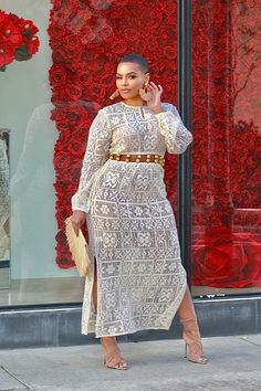 Long Sleeve Lace Maxi Dress with Cut Out Detail and Bead Accents Excellent Quality. Runs True To Size. Non Stretch Model is 5"4, Size 6 and Wearing Size Small Long Sleeve Lace Maxi Dress, Denim Tie Dye, Sheer Outfit, Dress Over Jeans, Denim Tie, Lace Dress Styles, Nigerian Styles, Tie Dye Crop Top, All White Outfit