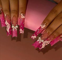 Pink And Flowers Nails, Pink Nails Acrylic Birthday, Cute Nails Acrylic Long Square, Pink Quince Nails Long, Blinged Nails Rhinestones, Pink Baddie Nail Designs, Hot Pink Quince Nails, All Pink Acrylic Nails, Pink And Red Nails Acrylic