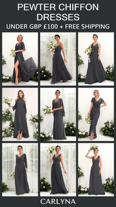 a collage of photos showing the different dresses worn by women in grey and black