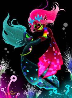 a woman with pink hair and green eyes is dancing in the dark, surrounded by sparkles