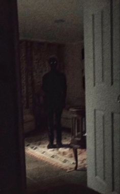 a man standing in the doorway of a house at night with his shadow on the floor