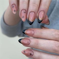 【✧Various sizes】You will get 24 pieces french medium length press on nails with 12 sizes,1 piece nail file,1 sheet of double-sided jelly glue stickers,which can help you wear fake nails better,and the operation is easy and convenient for everyone. 【✧Safe and sturdy material】Black fake nails are made of high quality ABS material,no harm to your nails or body,durable and not easy to fade, providing you with a safe and comfortable nail experience. 【✧Unique design】Press on nails provides you with the hottest nail polish colors,shapes,lengths,finishes and designs.Such as classic french tip,almond shape,medium length coffin etc.Perfect for any morning to evening occasion! Minimalist Nail, Gold Nail, Colorful Nails, Y2k Nails, Diy Nail Art, Artificial Nails, Rhinestone Nails, Nail Art Diy, Cute Acrylic Nails