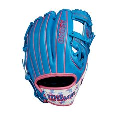 a close up of a baseball glove on a white background with the word in blue and pink