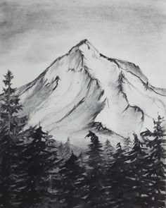 a black and white drawing of a mountain with trees in the foreground on a cloudy day