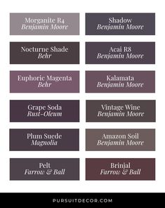 the names of different types of paint colors for walls and ceilings in shades of gray, purple