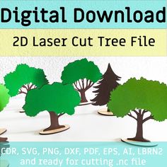 several trees cut out from paper with the text digital download 2 d laser cut tree file