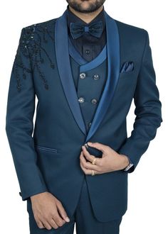 Elevate your style to a new level of luxury with our Men's Luxury One-Button Shawl Lapel Tuxedo Suit - a comprehensive 6-piece ensemble designed to make a statement on any occasion. Crafted from a premium blue polyester blend fabric, this tuxedo suit is the epitome of elegance and versatility. This tuxedo suit offers a complete package for your formal wardrobe, including a jacket, pants, vest, shirt, tie, and a coordinating pocket square. The shawl lapel design with a single-button closure exude Yacht Parties, Embroidered Tuxedo, Shawl Lapel Tuxedo, Men Tuxedo, Boys Kurta Design, Button Shawl, Men's Tuxedo, Lapel Design, Shirt Trouser