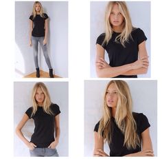 four different pictures of a woman in black shirt and jeans with her hands on her hips