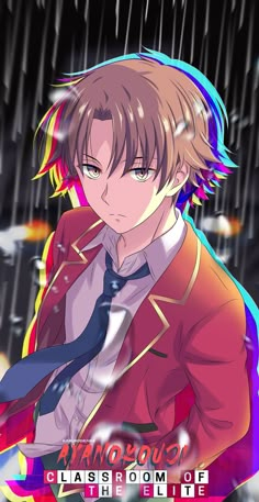 an anime character with blonde hair and blue eyes wearing a red jacket, tie and white shirt