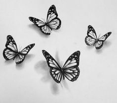 four black and white butterflies flying in the air with their wings spread wide open on a white surface