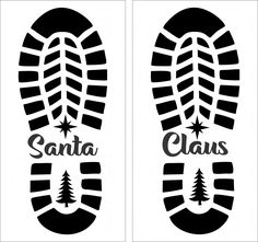 two black and white decals with the words santa claus written on them, in front of an image of a pair of shoes