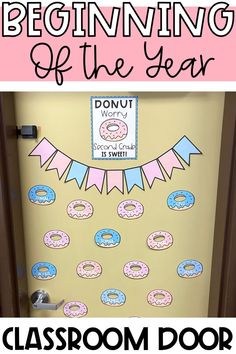 a classroom door decorated with doughnuts and bunting on the front, and text beginning of the year