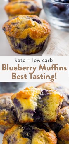 blueberry muffins stacked on top of each other with the words keto and low carb