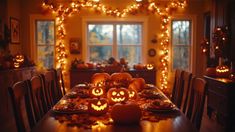 a dining room table decorated with pumpkins and lights