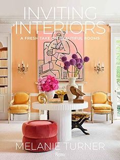 a living room filled with lots of furniture and flowers on top of a white table