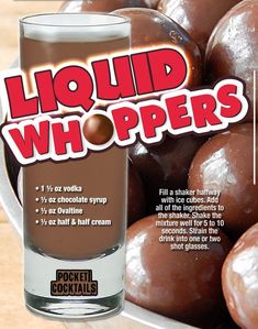 a bowl full of chocolate covered donuts with the words liquid whoppers