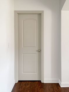 an empty room with a white door and hard wood flooring on either side of it