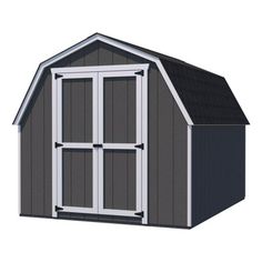 a gray and white shed with windows on the side