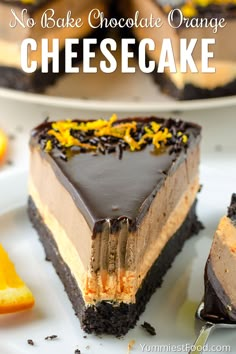 no bake chocolate orange cheesecake on a white plate