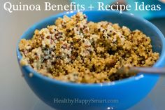 quinoa benefits and recipe ideas in a blue bowl with spoon on the side