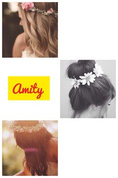 three different pictures with the words amify on them and flowers in their hair next to each other