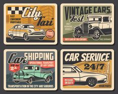 four different vintage car service cards