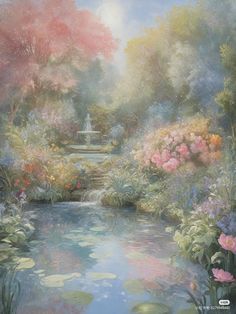 a painting of flowers and water in a garden