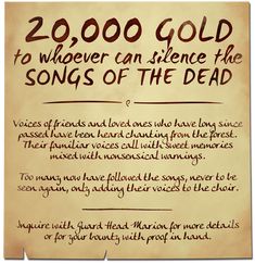 a piece of paper with writing on it that says 20, 000 gold to whoever can science the songs of the dead