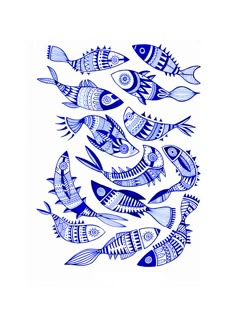 a drawing of fish in blue ink on white paper